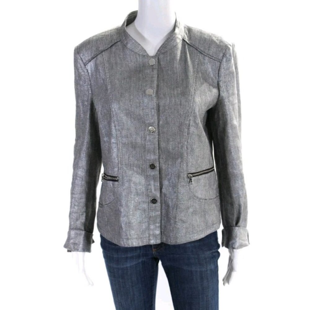 Gerry Weber Silver Metallic Coated Cotton Linen Blazer Jacket Size 8 Pockets